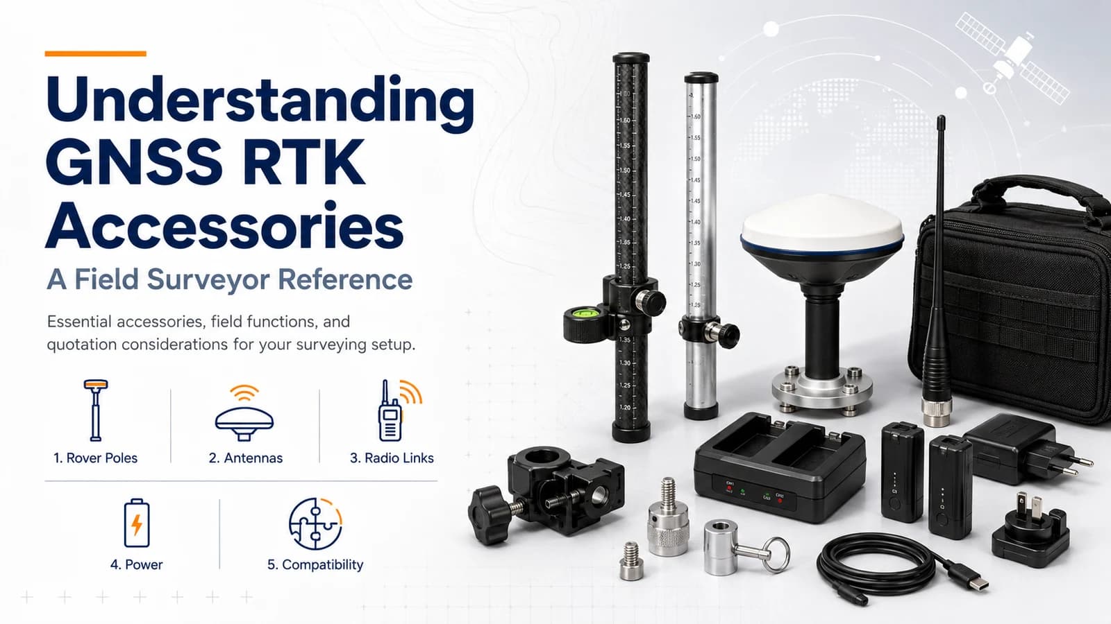 GNSS RTK accessories including rover poles, antennas, radio links, batteries and mounts